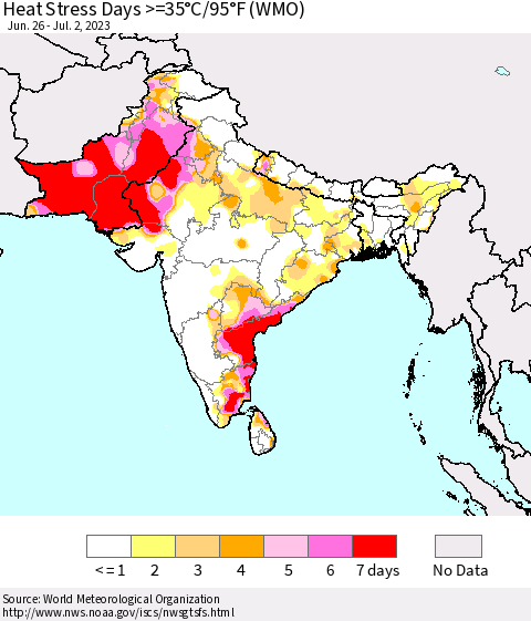 Southern Asia Heat Stress Days >=35°C/95°F (WMO) Thematic Map For 6/26/2023 - 7/2/2023
