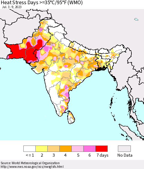 Southern Asia Heat Stress Days >=35°C/95°F (WMO) Thematic Map For 7/3/2023 - 7/9/2023
