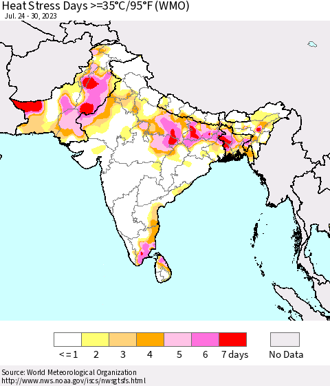Southern Asia Heat Stress Days >=35°C/95°F (WMO) Thematic Map For 7/24/2023 - 7/30/2023