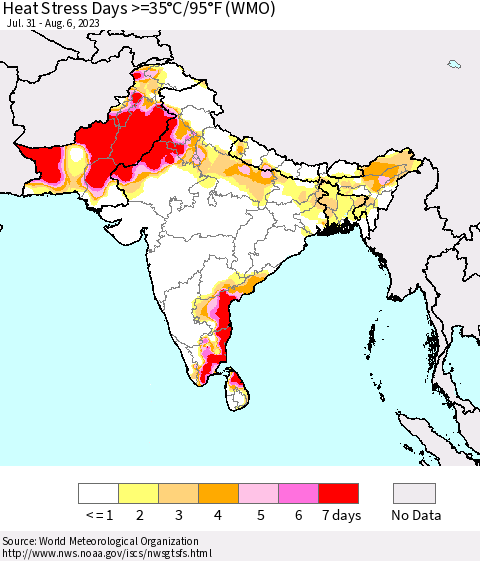 Southern Asia Heat Stress Days >=35°C/95°F (WMO) Thematic Map For 7/31/2023 - 8/6/2023
