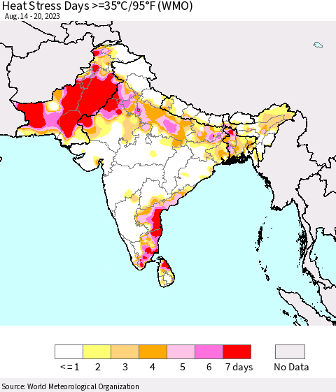 Southern Asia Heat Stress Days >=35°C/95°F (WMO) Thematic Map For 8/14/2023 - 8/20/2023