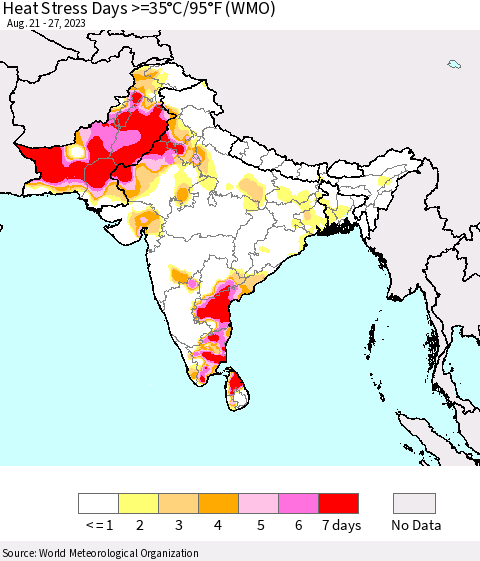 Southern Asia Heat Stress Days >=35°C/95°F (WMO) Thematic Map For 8/21/2023 - 8/27/2023