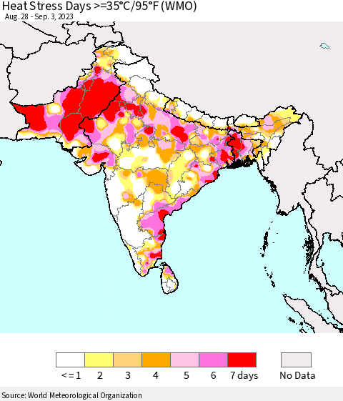 Southern Asia Heat Stress Days >=35°C/95°F (WMO) Thematic Map For 8/28/2023 - 9/3/2023