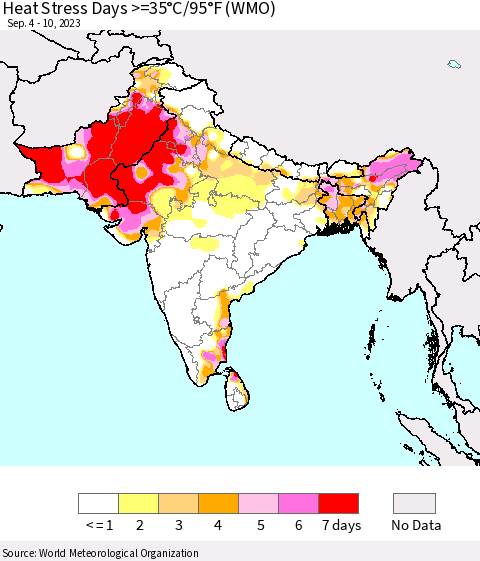 Southern Asia Heat Stress Days >=35°C/95°F (WMO) Thematic Map For 9/4/2023 - 9/10/2023