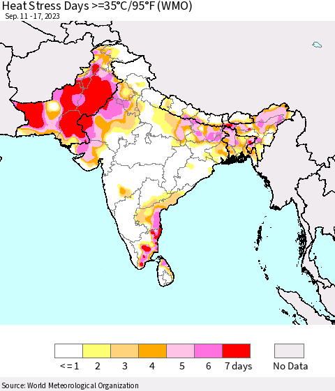 Southern Asia Heat Stress Days >=35°C/95°F (WMO) Thematic Map For 9/11/2023 - 9/17/2023