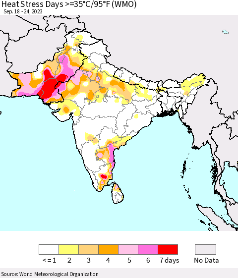 Southern Asia Heat Stress Days >=35°C/95°F (WMO) Thematic Map For 9/18/2023 - 9/24/2023