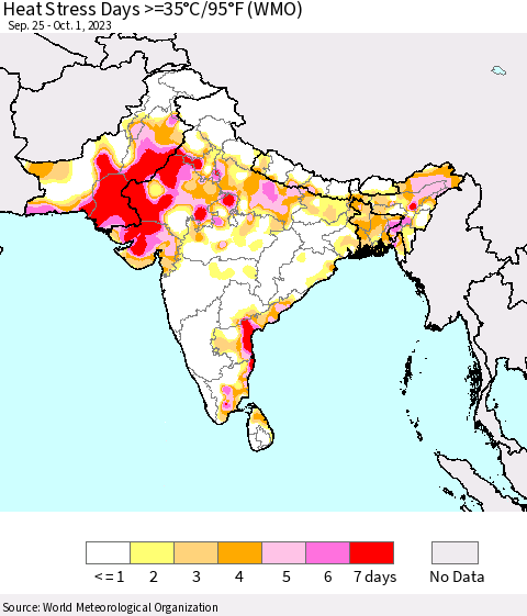 Southern Asia Heat Stress Days >=35°C/95°F (WMO) Thematic Map For 9/25/2023 - 10/1/2023