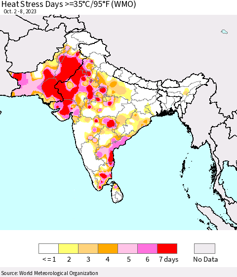 Southern Asia Heat Stress Days >=35°C/95°F (WMO) Thematic Map For 10/2/2023 - 10/8/2023