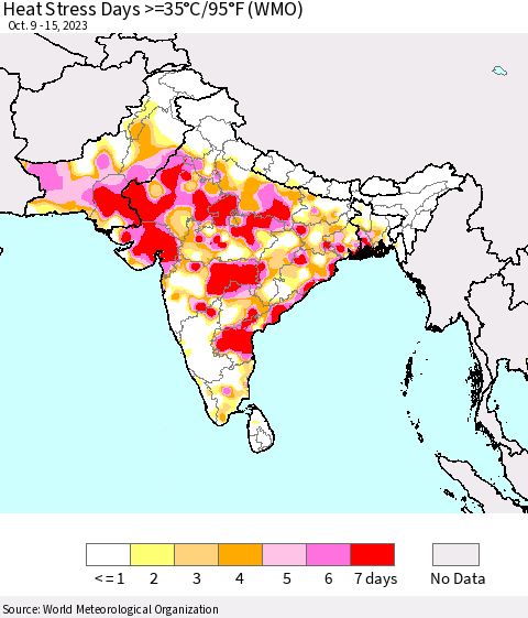 Southern Asia Heat Stress Days >=35°C/95°F (WMO) Thematic Map For 10/9/2023 - 10/15/2023