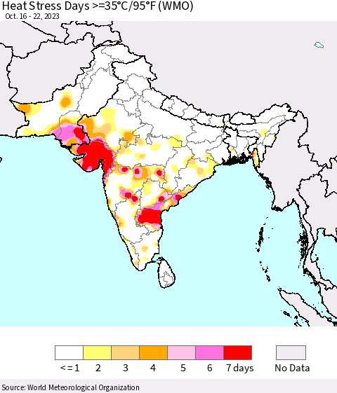 Southern Asia Heat Stress Days >=35°C/95°F (WMO) Thematic Map For 10/16/2023 - 10/22/2023