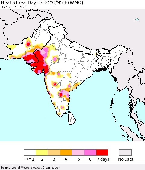 Southern Asia Heat Stress Days >=35°C/95°F (WMO) Thematic Map For 10/23/2023 - 10/29/2023