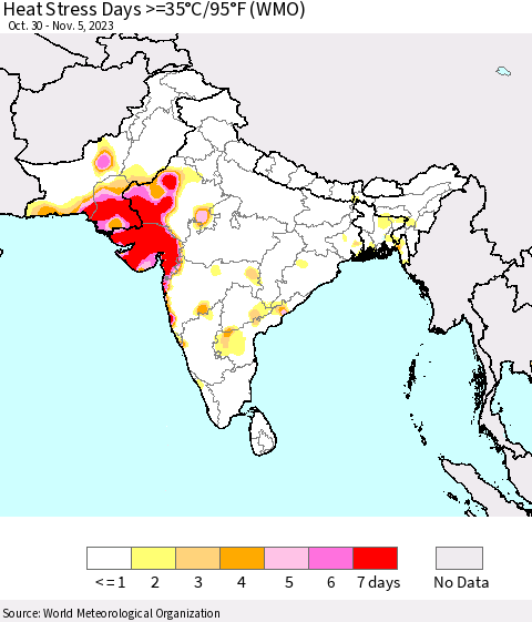 Southern Asia Heat Stress Days >=35°C/95°F (WMO) Thematic Map For 10/30/2023 - 11/5/2023