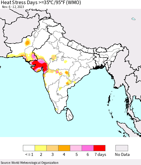Southern Asia Heat Stress Days >=35°C/95°F (WMO) Thematic Map For 11/6/2023 - 11/12/2023