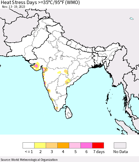 Southern Asia Heat Stress Days >=35°C/95°F (WMO) Thematic Map For 11/13/2023 - 11/19/2023