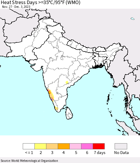 Southern Asia Heat Stress Days >=35°C/95°F (WMO) Thematic Map For 11/27/2023 - 12/3/2023