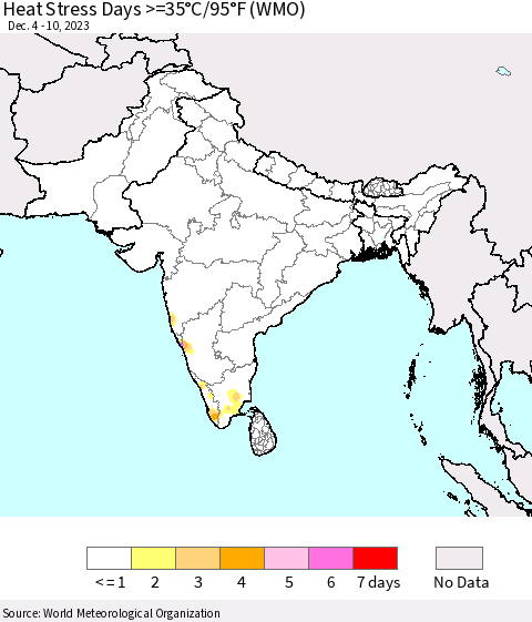 Southern Asia Heat Stress Days >=35°C/95°F (WMO) Thematic Map For 12/4/2023 - 12/10/2023
