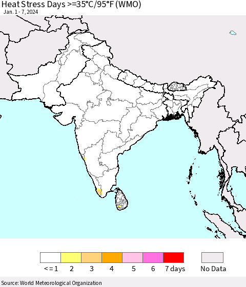 Southern Asia Heat Stress Days >=35°C/95°F (WMO) Thematic Map For 1/1/2024 - 1/7/2024
