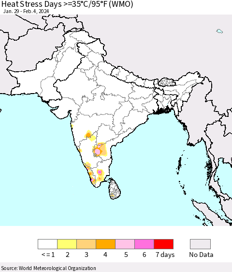 Southern Asia Heat Stress Days >=35°C/95°F (WMO) Thematic Map For 1/29/2024 - 2/4/2024
