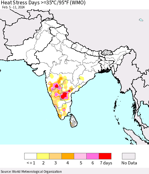Southern Asia Heat Stress Days >=35°C/95°F (WMO) Thematic Map For 2/5/2024 - 2/11/2024