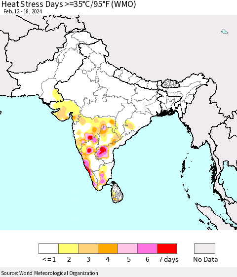 Southern Asia Heat Stress Days >=35°C/95°F (WMO) Thematic Map For 2/12/2024 - 2/18/2024