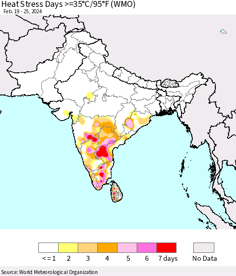 Southern Asia Heat Stress Days >=35°C/95°F (WMO) Thematic Map For 2/19/2024 - 2/25/2024