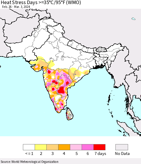 Southern Asia Heat Stress Days >=35°C/95°F (WMO) Thematic Map For 2/26/2024 - 3/3/2024