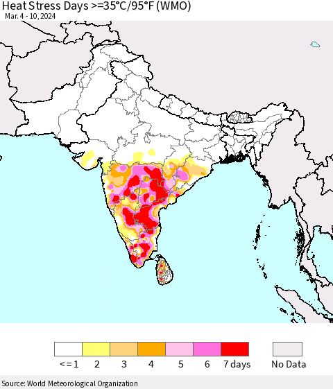 Southern Asia Heat Stress Days >=35°C/95°F (WMO) Thematic Map For 3/4/2024 - 3/10/2024
