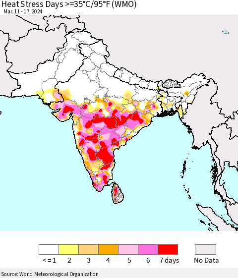 Southern Asia Heat Stress Days >=35°C/95°F (WMO) Thematic Map For 3/11/2024 - 3/17/2024