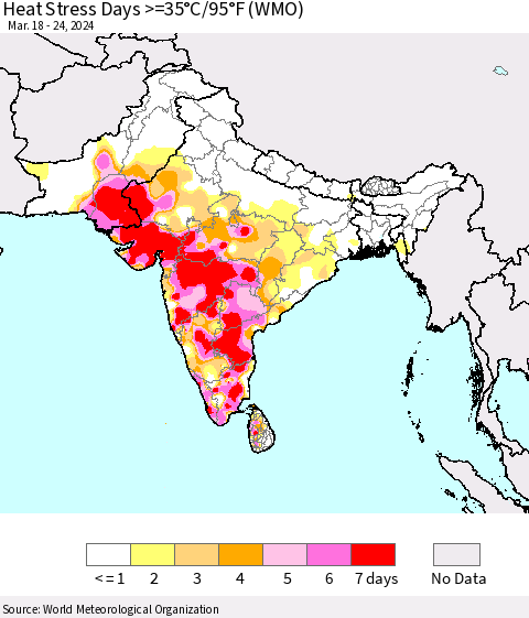 Southern Asia Heat Stress Days >=35°C/95°F (WMO) Thematic Map For 3/18/2024 - 3/24/2024