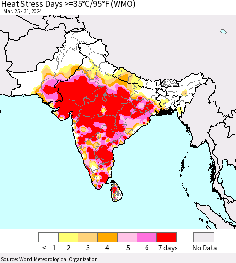 Southern Asia Heat Stress Days >=35°C/95°F (WMO) Thematic Map For 3/25/2024 - 3/31/2024