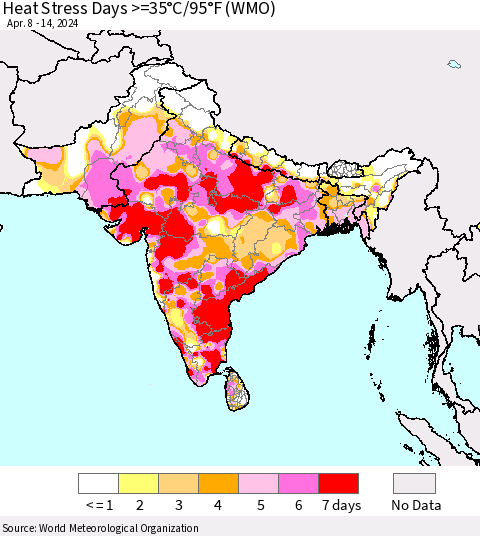 Southern Asia Heat Stress Days >=35°C/95°F (WMO) Thematic Map For 4/8/2024 - 4/14/2024