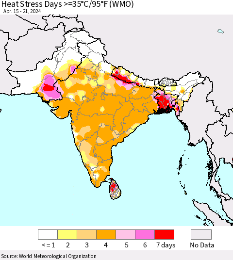 Southern Asia Heat Stress Days >=35°C/95°F (WMO) Thematic Map For 4/15/2024 - 4/21/2024