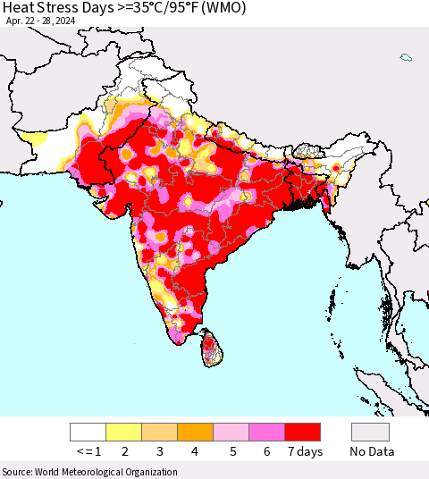 Southern Asia Heat Stress Days >=35°C/95°F (WMO) Thematic Map For 4/22/2024 - 4/28/2024