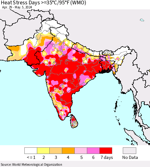Southern Asia Heat Stress Days >=35°C/95°F (WMO) Thematic Map For 4/29/2024 - 5/5/2024