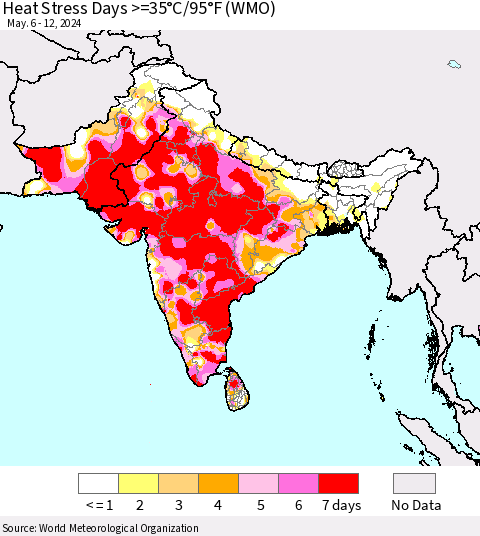 Southern Asia Heat Stress Days >=35°C/95°F (WMO) Thematic Map For 5/6/2024 - 5/12/2024