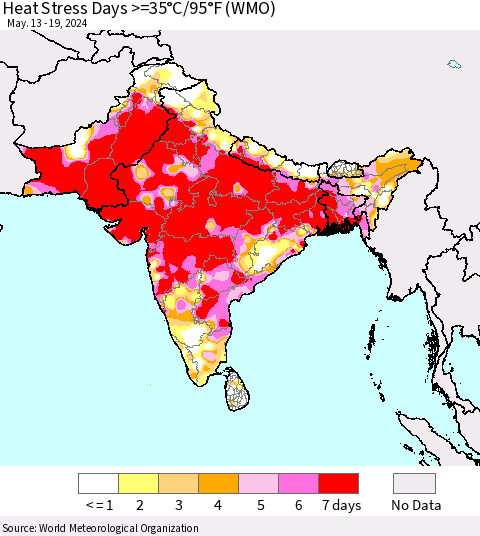 Southern Asia Heat Stress Days >=35°C/95°F (WMO) Thematic Map For 5/13/2024 - 5/19/2024