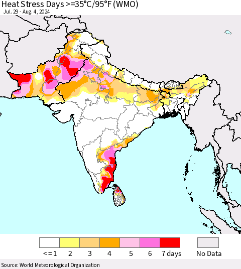 Southern Asia Heat Stress Days >=35°C/95°F (WMO) Thematic Map For 7/29/2024 - 8/4/2024