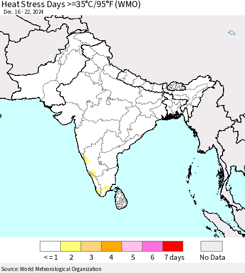 Southern Asia Heat Stress Days >=35°C/95°F (WMO) Thematic Map For 12/16/2024 - 12/22/2024