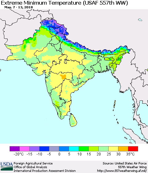 Southern Asia Minimum Daily Temperature (USAF 557th WW) Thematic Map For 5/7/2018 - 5/13/2018