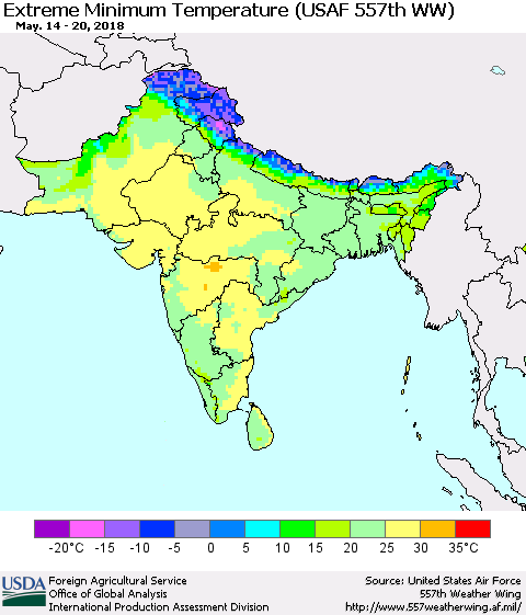 Southern Asia Minimum Daily Temperature (USAF 557th WW) Thematic Map For 5/14/2018 - 5/20/2018