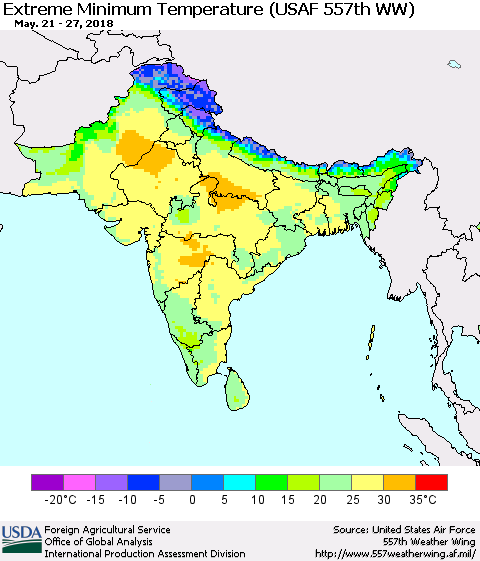 Southern Asia Minimum Daily Temperature (USAF 557th WW) Thematic Map For 5/21/2018 - 5/27/2018