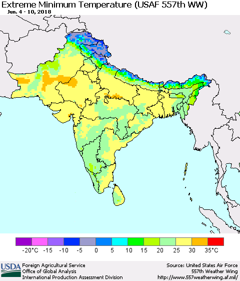 Southern Asia Minimum Daily Temperature (USAF 557th WW) Thematic Map For 6/4/2018 - 6/10/2018