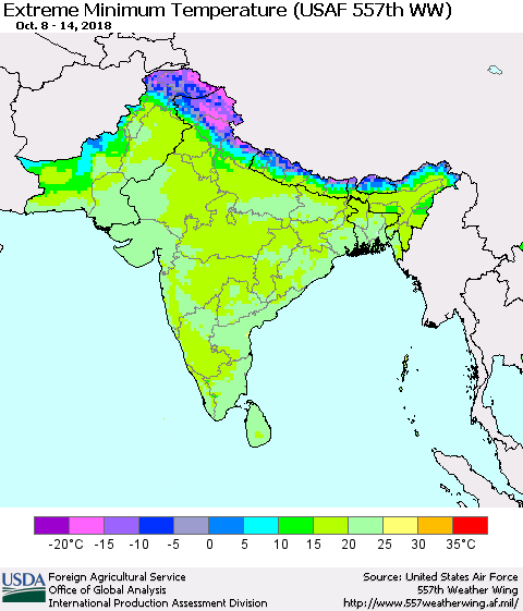 Southern Asia Minimum Daily Temperature (USAF 557th WW) Thematic Map For 10/8/2018 - 10/14/2018