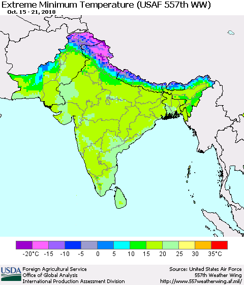 Southern Asia Minimum Daily Temperature (USAF 557th WW) Thematic Map For 10/15/2018 - 10/21/2018