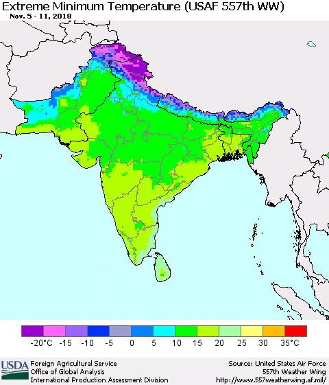 Southern Asia Minimum Daily Temperature (USAF 557th WW) Thematic Map For 11/5/2018 - 11/11/2018