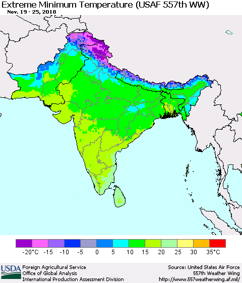 Southern Asia Minimum Daily Temperature (USAF 557th WW) Thematic Map For 11/19/2018 - 11/25/2018