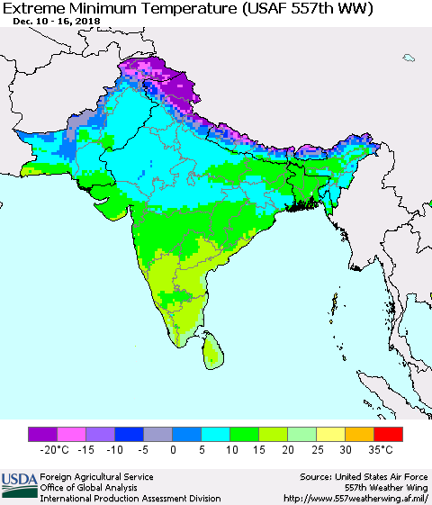 Southern Asia Minimum Daily Temperature (USAF 557th WW) Thematic Map For 12/10/2018 - 12/16/2018