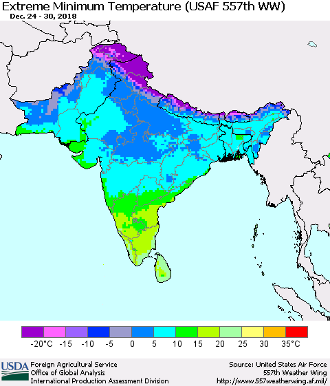 Southern Asia Minimum Daily Temperature (USAF 557th WW) Thematic Map For 12/24/2018 - 12/30/2018