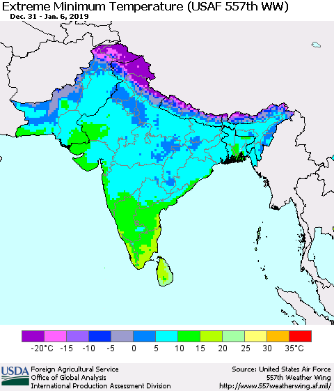 Southern Asia Minimum Daily Temperature (USAF 557th WW) Thematic Map For 12/31/2018 - 1/6/2019
