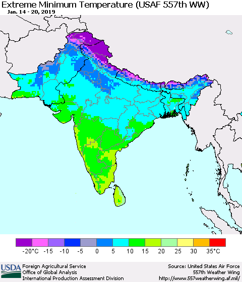 Southern Asia Minimum Daily Temperature (USAF 557th WW) Thematic Map For 1/14/2019 - 1/20/2019